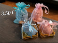Velas artesanales osito bebé en azul y rosa con bolsa de organza y caja acrílica