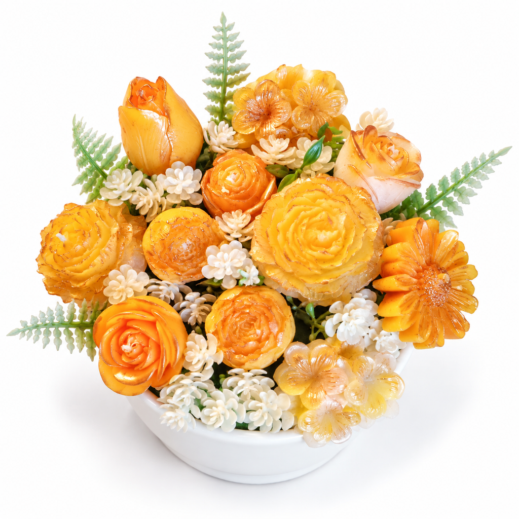 Arreglo floral de velas artesanales aroma naranja - vista lateral