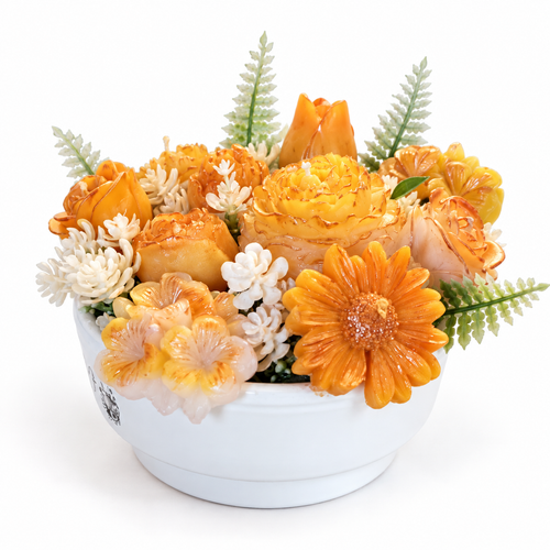 Arreglo floral de velas artesanales aroma naranja - vista frontal