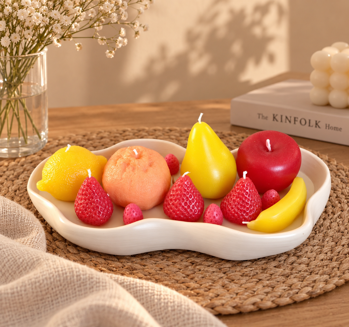 Velas frutales artesanales en bandeja de cerámica – colección completa