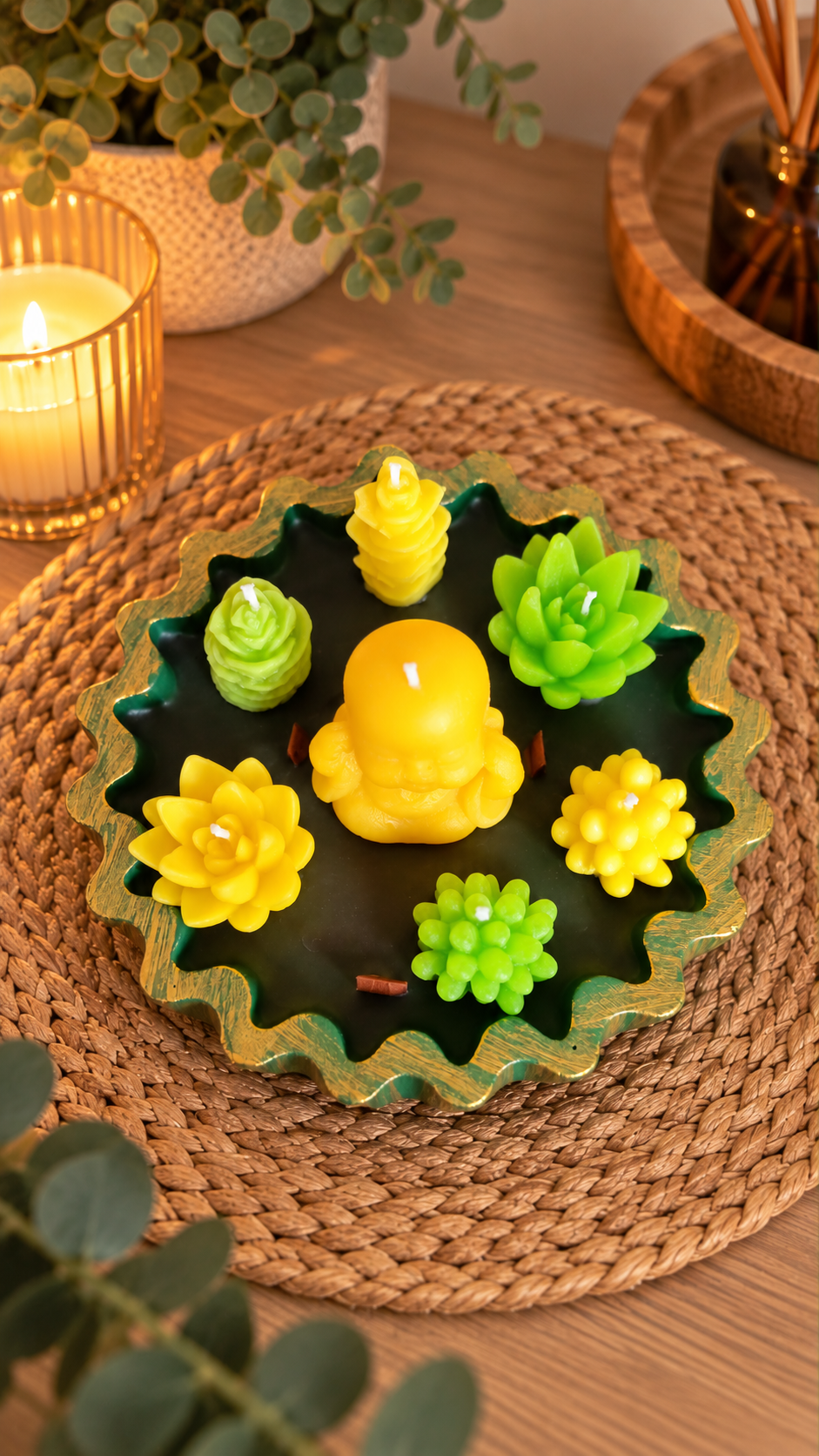 Set de Velas Artesanales Buda con Suculentas - vista superior