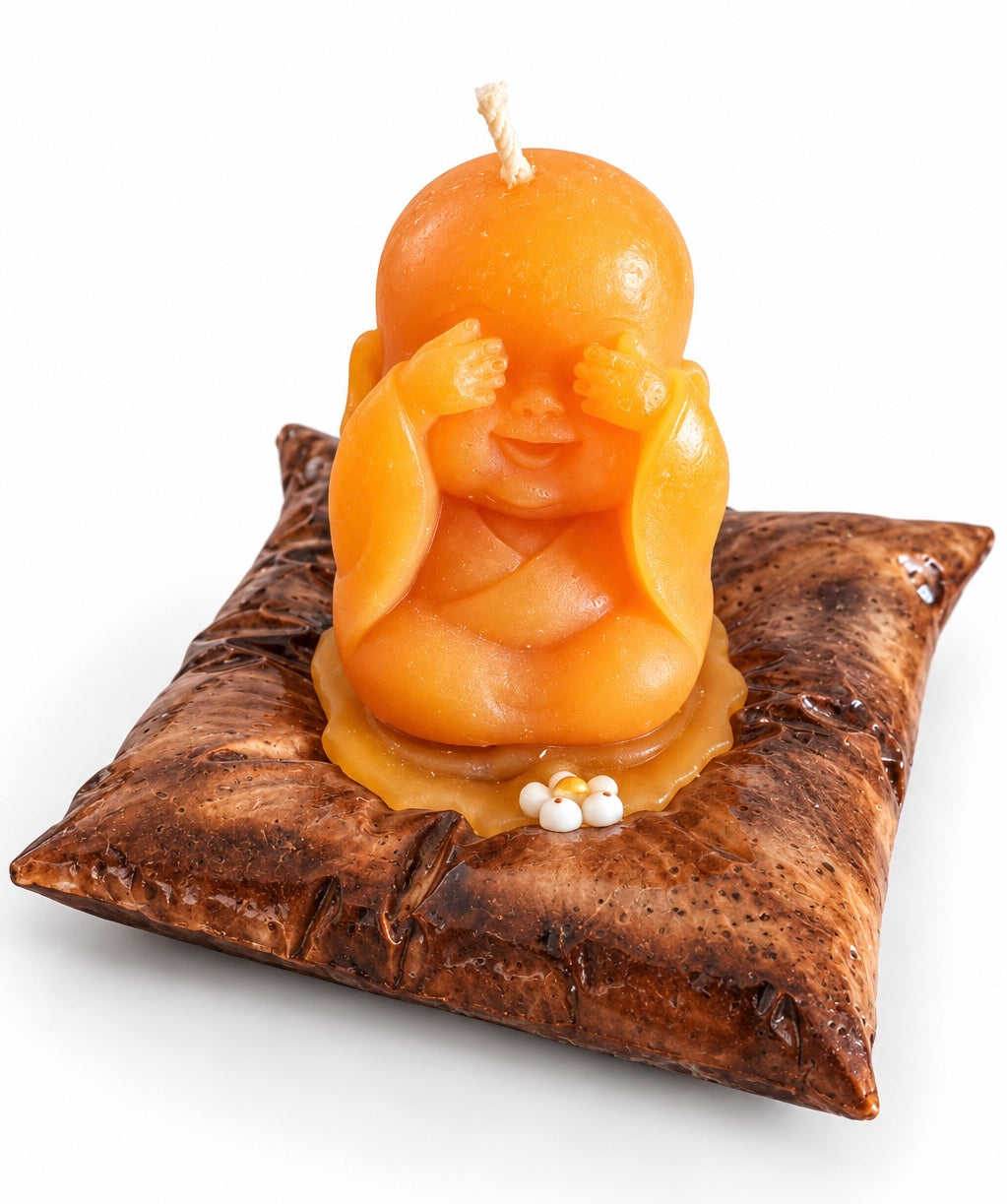 Vela Buda de miel vista trasera sobre cojín bronce