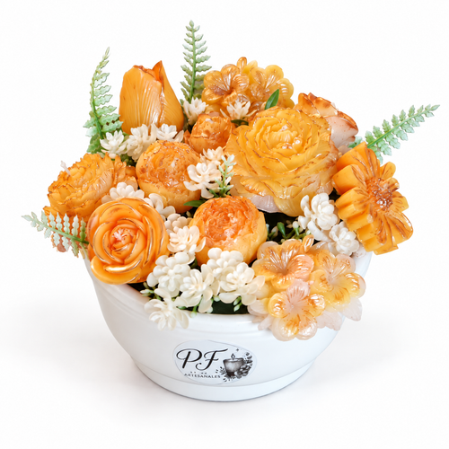 Arreglo floral de velas artesanales aroma naranja - vista con logo