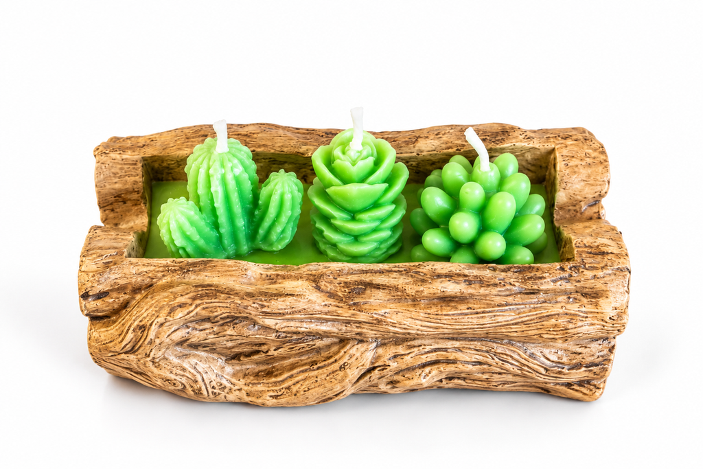 Set de velas cactus en soporte de madera – vista frontal